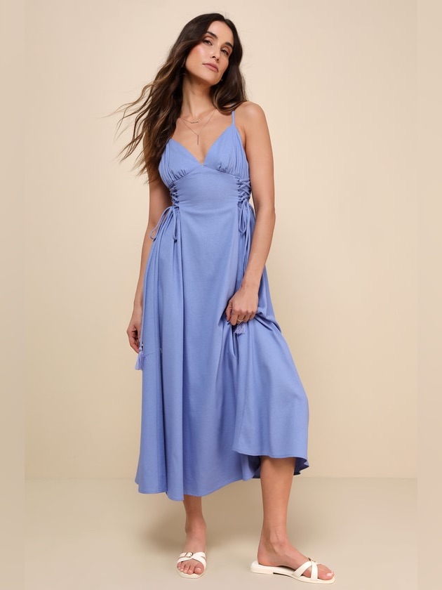 Size Small Endlessly Breezy Periwinkle Linen Smocked Lace-Up Midi Dress